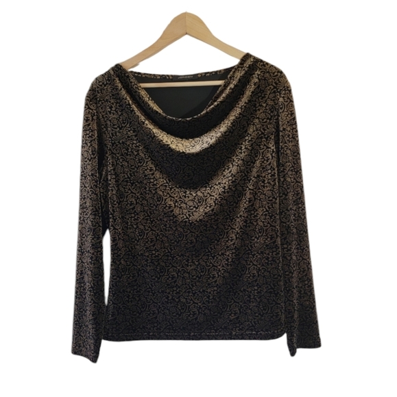 JONDEN Black Tan Paisley Velvet Blouse Sz L Drape Long Sleeve Fall Minimalist - Picture 11 of 11